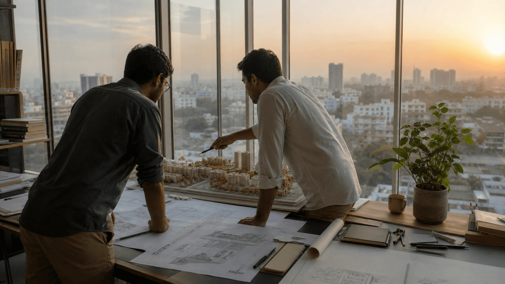 Two company builders reviewing plans and a city model in a Hyderabad office at sunrise