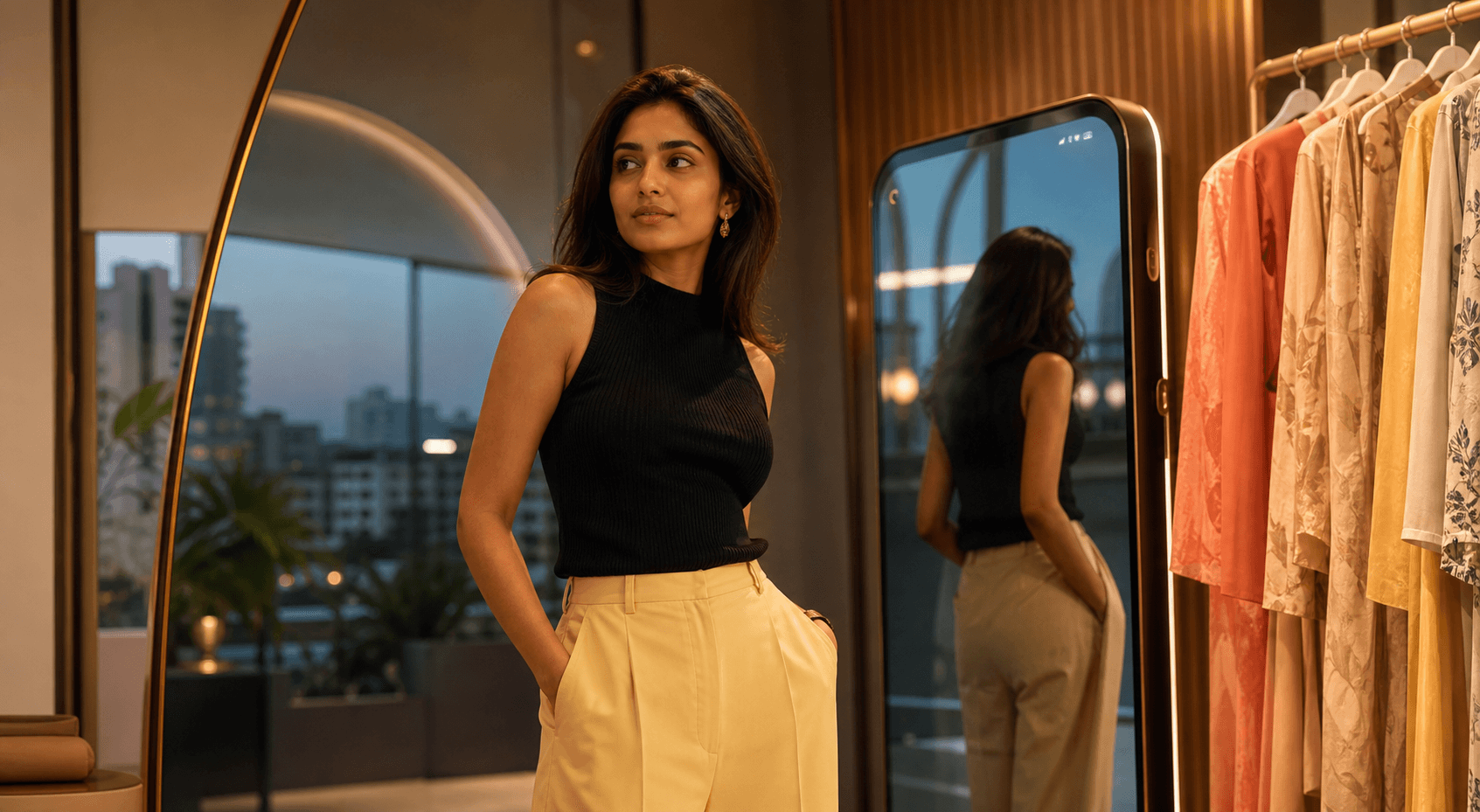 A Snazzl fashion customer using a virtual try-on experience in a contemporary Hyderabad boutique